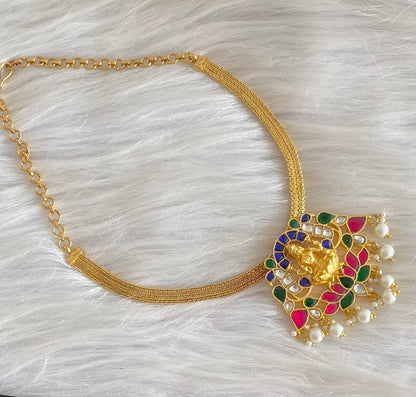 Antique gold tone blue-pink-green kundan jadau pearl lakshmi necklace dj-54180