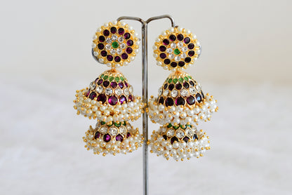 Gold tone precious kemp-green-white stone pearl big step jhumkka dj-52519