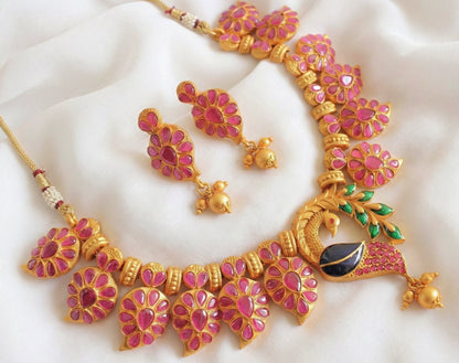 Matte finish ruby meenakari mango peacock necklace set -dj09380