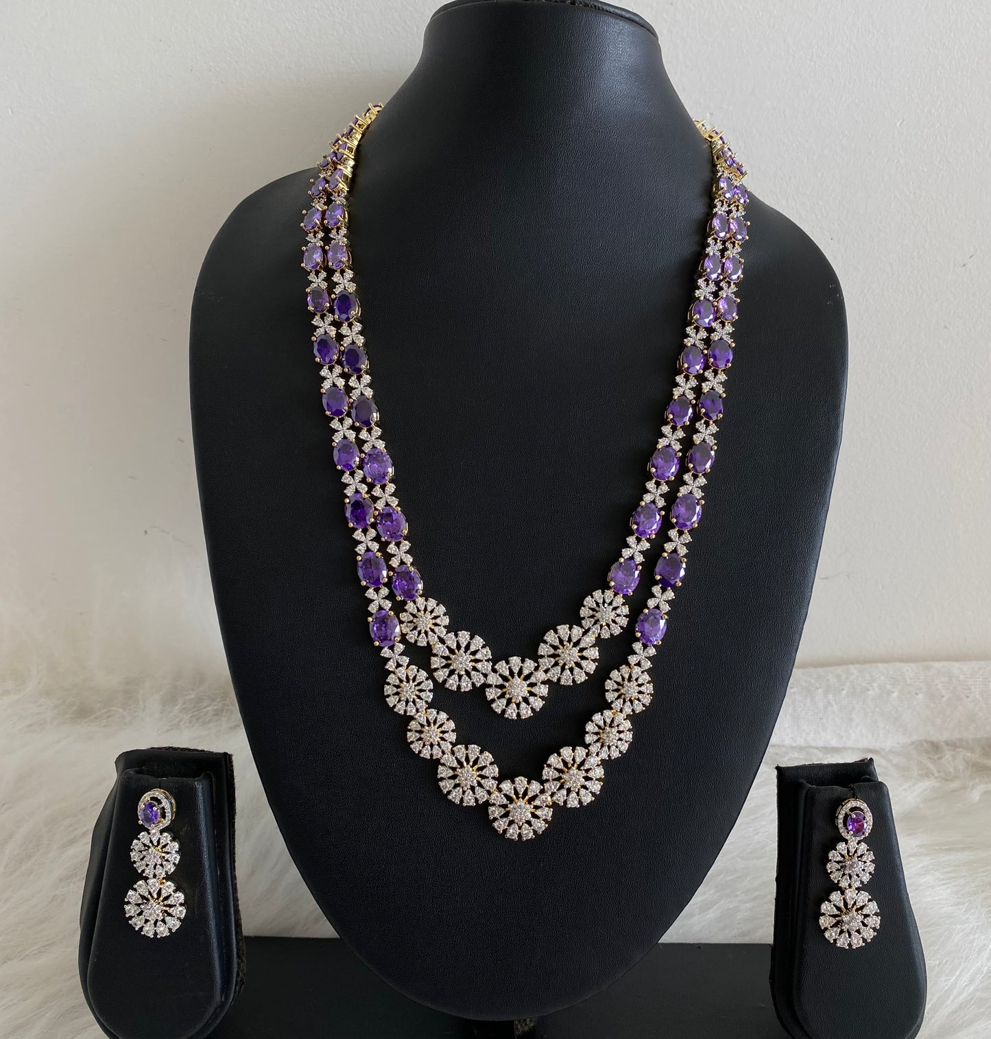 Two tone cz purple stone double layer short haar set dj-54412