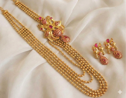 Gold tone Multilayer Ruby Peacock Mugappu Short Haar Set-dj17349