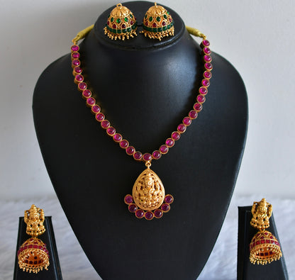 Matte finish kemp-green reversible Lakshmi necklace set dj-52412