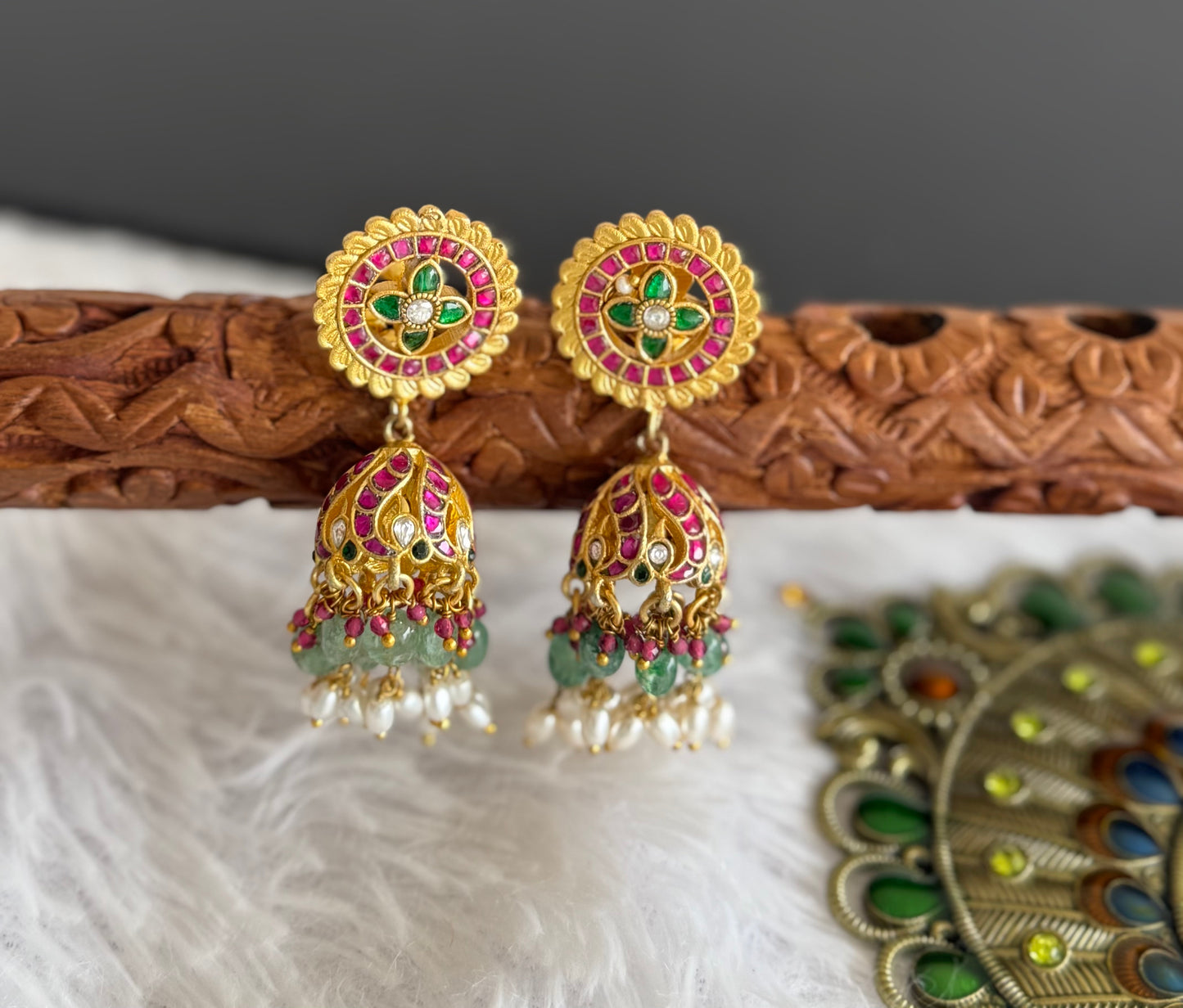 Gold tone pink-green-white kundan jadau flower green beaded jhumkka dj-51505