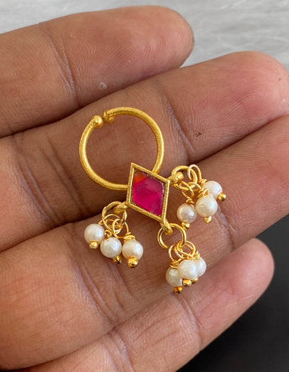 Gold tone pink stone pearl nose pin/bulakku dj-53823