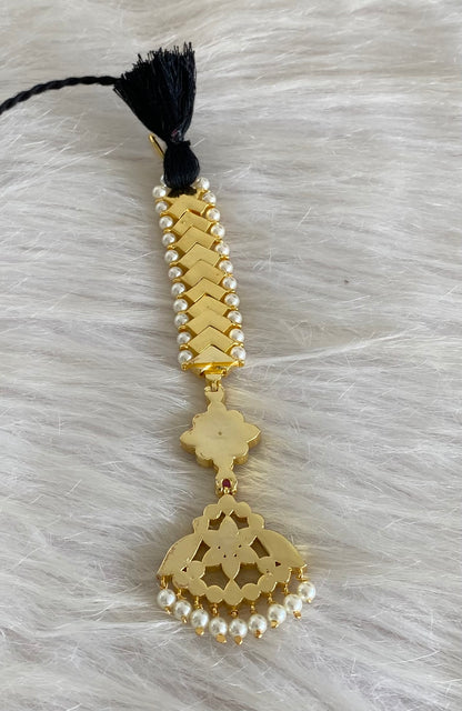 Gold tone precious kemp-green-white flower pearl tikka dj-54710