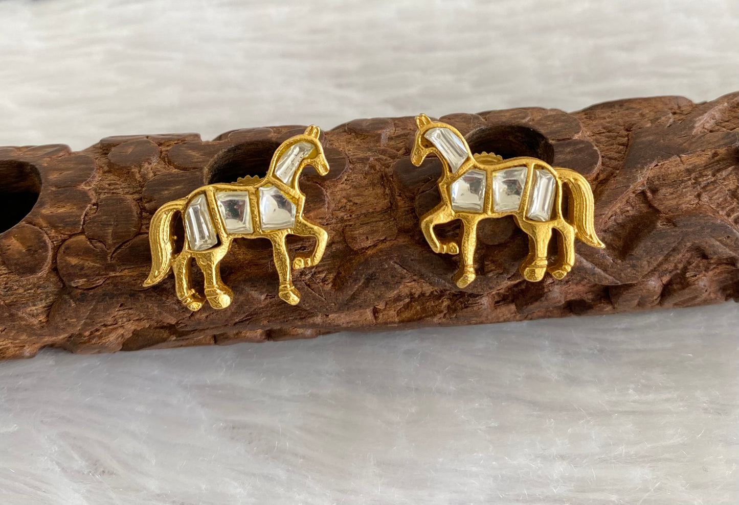 Gold tone white kundan jadau horse earrings dj-53544