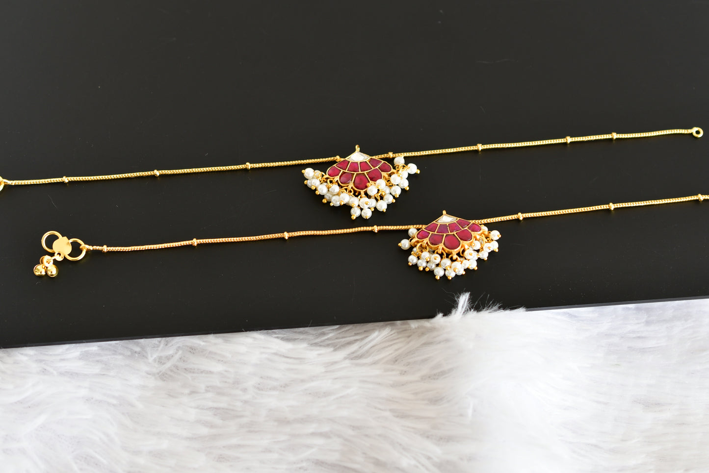 Gold tone pink-white butterfly kundan jadau anklets dj-52390