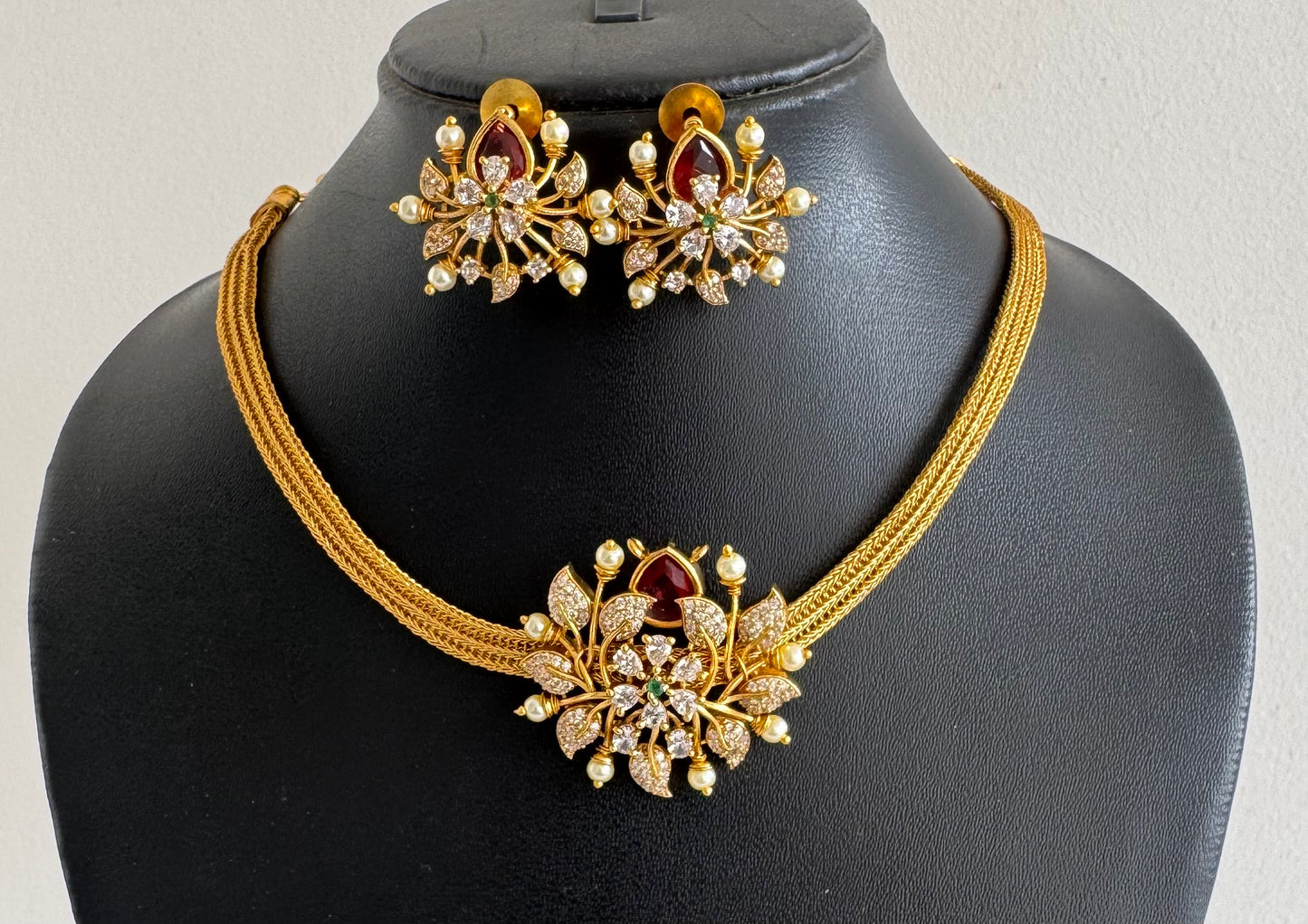 Matte finish cz magenta pink pearl pendant necklace set dj-52091