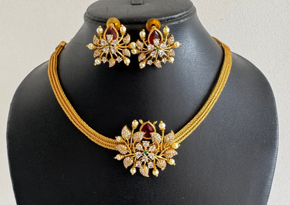 Matte finish cz magenta pink pearl pendant necklace set dj-52091