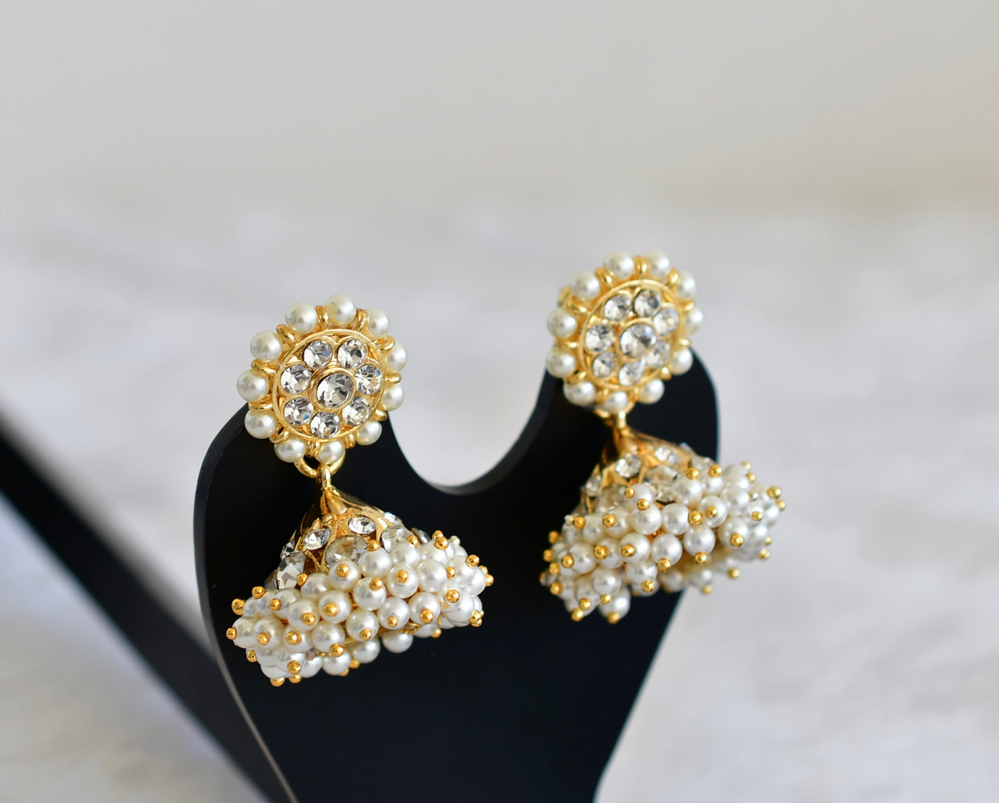 Gold tone AD white pearl small jhumkka dj-52518