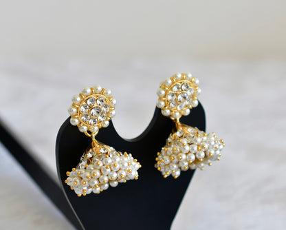 Gold tone AD white pearl small jhumkka dj-52518