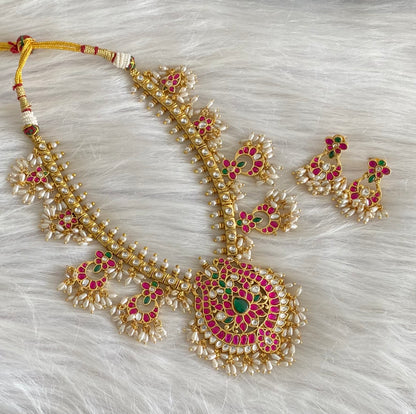 Antique gold tone peacock kundan jadau rice pearl necklace set dj-54153