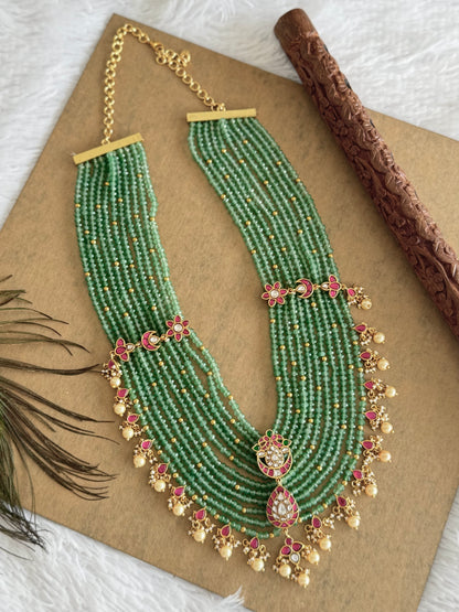 Matte finish pink-green-white kunan jadau agate layer green beaded haar dj-51555