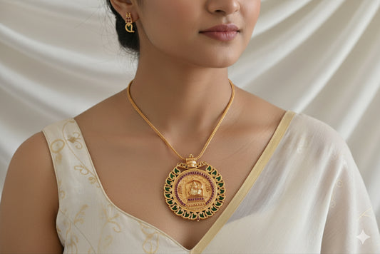 Gold tone pink stone green mango big Lakshmi pendant Kerala style necklace set dj-38559