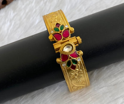Matte finish pink-green-white Kundan jadau flower screw type kada(2.6) dj-53509