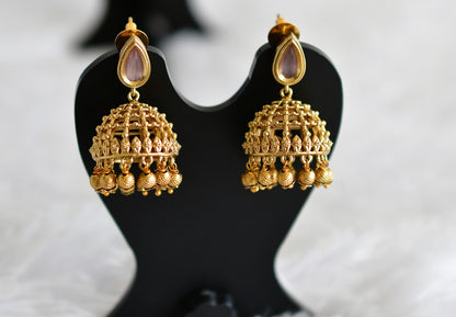 Antique gold tone baby pink thilak stone pearl jhumkka dj-51850