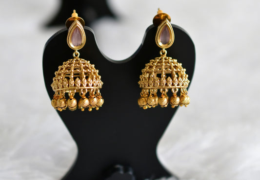 Antique gold tone baby pink thilak stone pearl jhumkka dj-51850