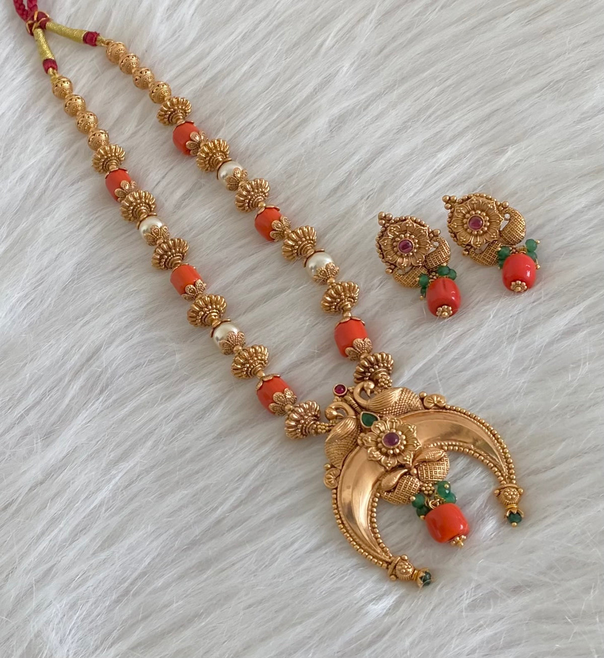 Antique gold tone coral pearl nakshi beaded peacock moon mala/necklace set dj-54955