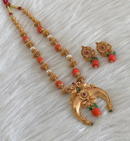 Antique gold tone coral pearl nakshi beaded peacock moon mala/necklace set dj-54955