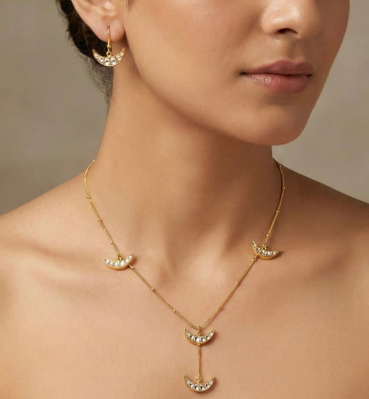 Gold tone white kundan jadau moon chain/necklace set dj-43152