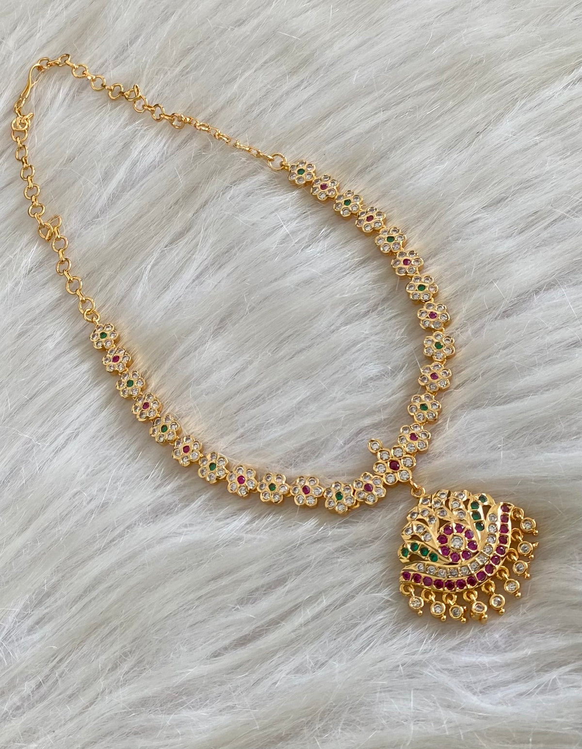 Gold tone south indian AD white-pink-green stone flower necklace dj-54922