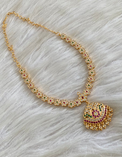 Gold tone south indian AD white-pink-green stone flower necklace dj-54922