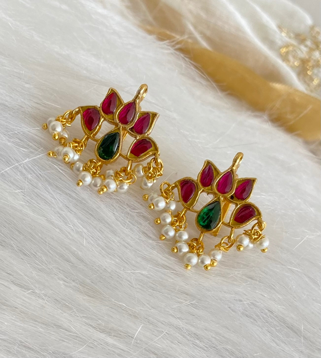 Gold tone pink-green kundan jadau lotus pearl bugadi earrings dj-53663