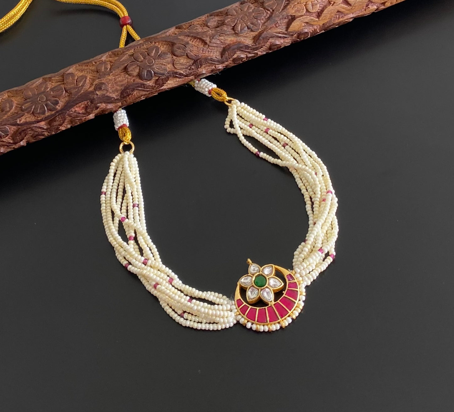 Gold tone pink-green-white moon kundan jadau pearl choker necklace dj-54495