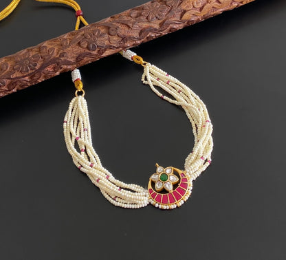 Gold tone pink-green-white moon kundan jadau pearl choker necklace dj-54495