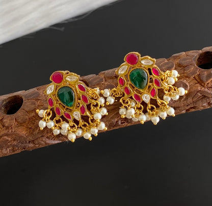 Gold tone pink-green-white kundan jadau pearl bugadi earrings dj-53664