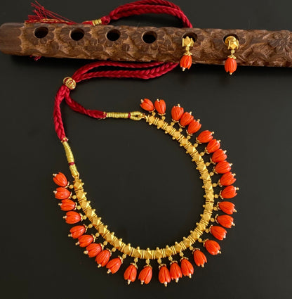 Antique gold tone red tulip beaded necklace set dj-54365