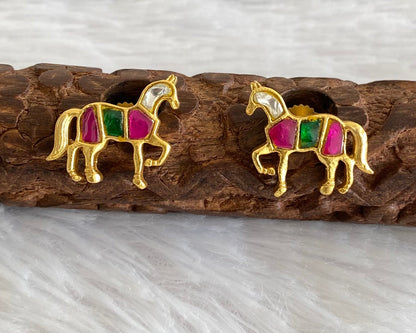 Gold tone pink-green-white kundan jadau horse earrings dj-53541