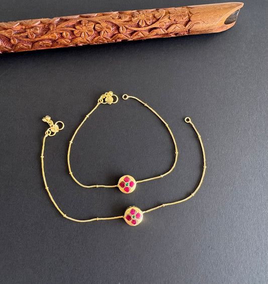 Gold tone pink-green flower kundan jadau anklets dj-51413