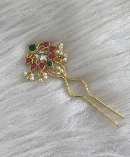 Gold tone kundan jadau kemp-green-white pearl hair jewel/pin dj-55062