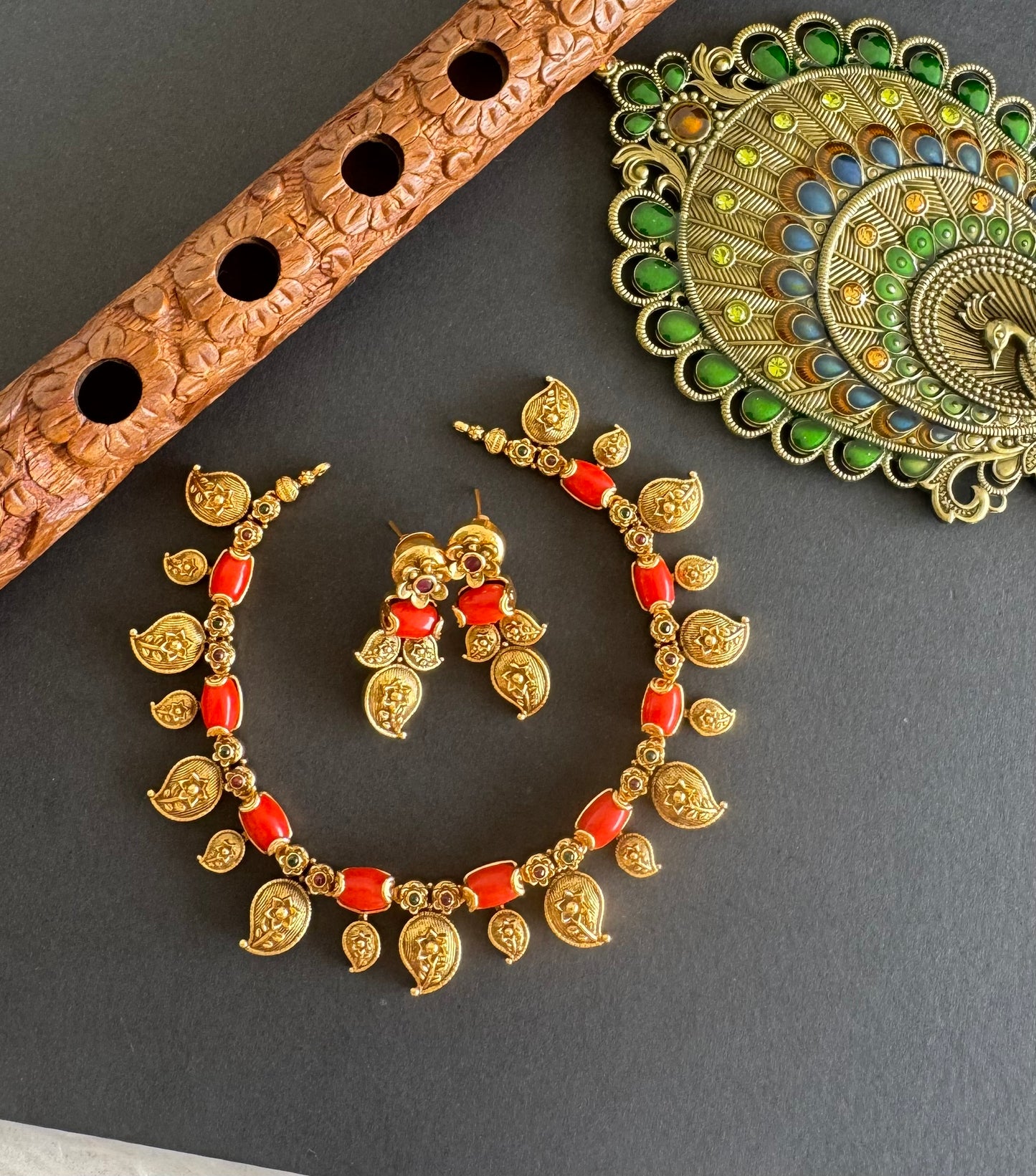 Matte finish coral beaded mango necklace set dj-52080