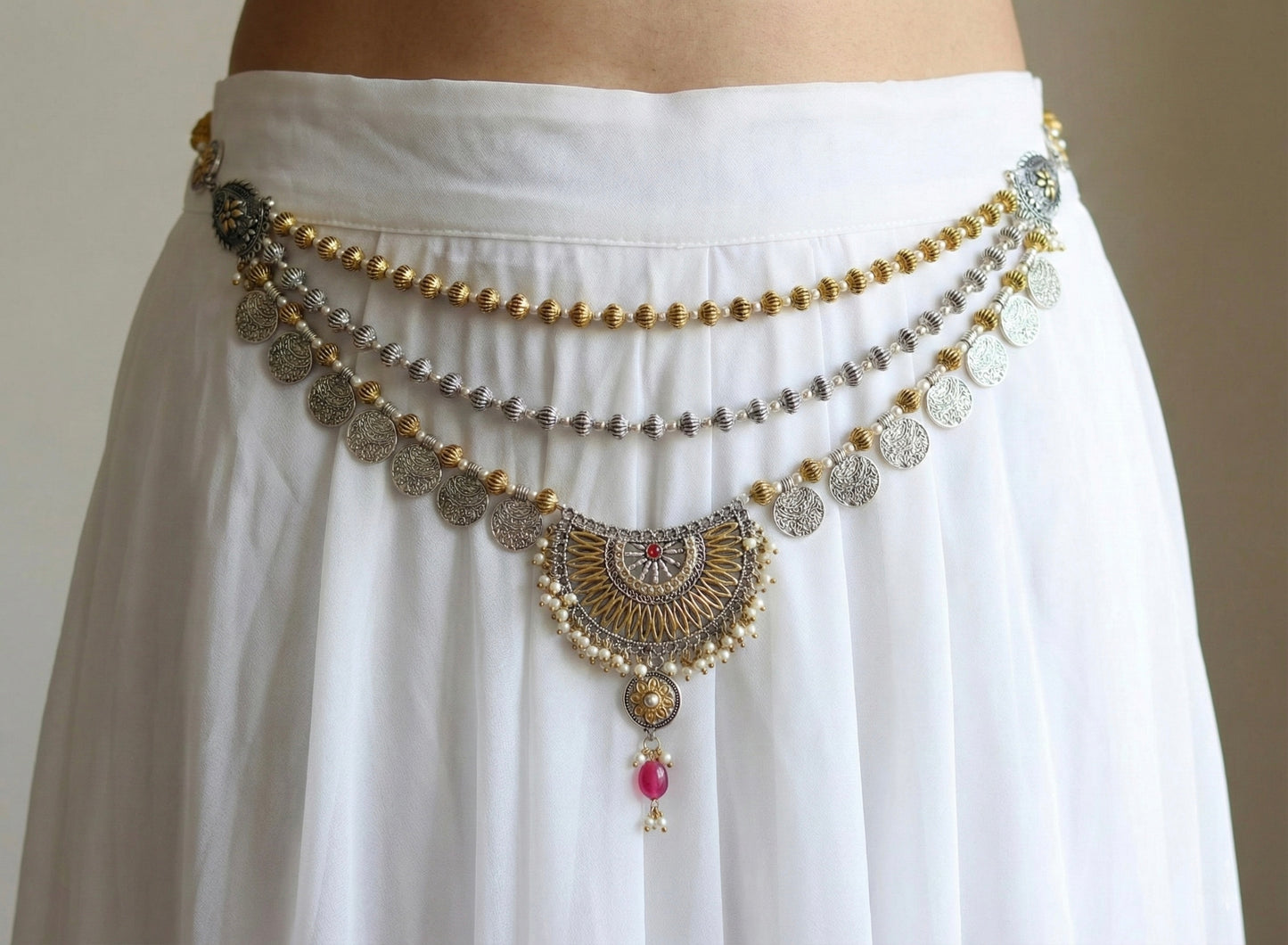 Dual tone coin designer multilayer hip chain dj-40271