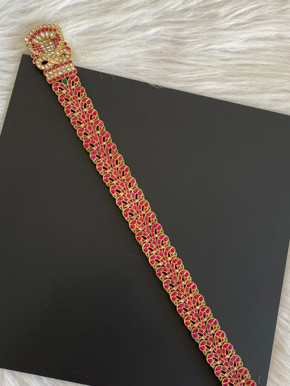 Gold tone long pink-green-white kundan jadau jadai naagam/hair jewel dj-55055