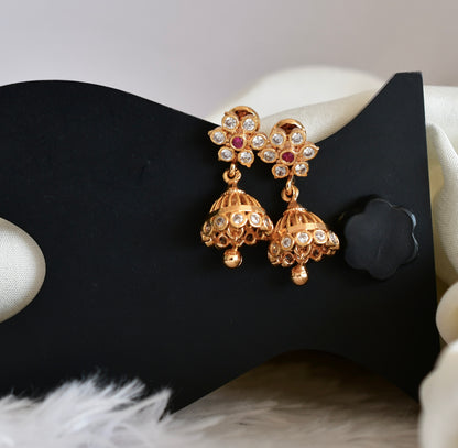 Gold tone ad pink-white south indian flower jhumkka dj-52787