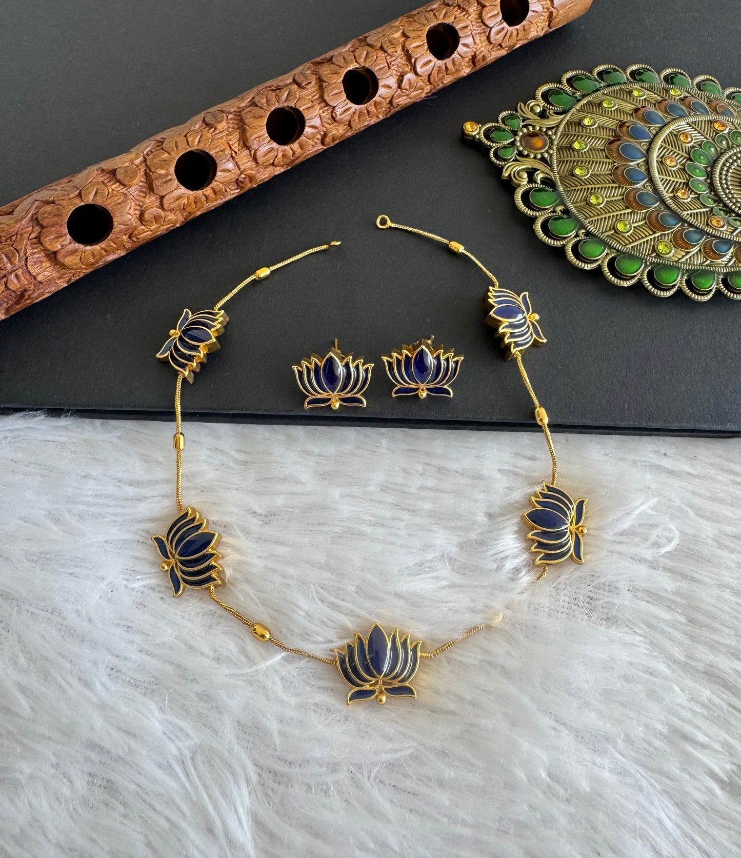 Matte finish Blue lotus enamel necklace set dj-52112