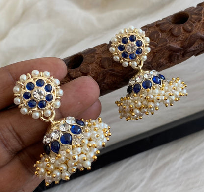 Gold tone precious white-blue stone pearl jhumkka dj-53908