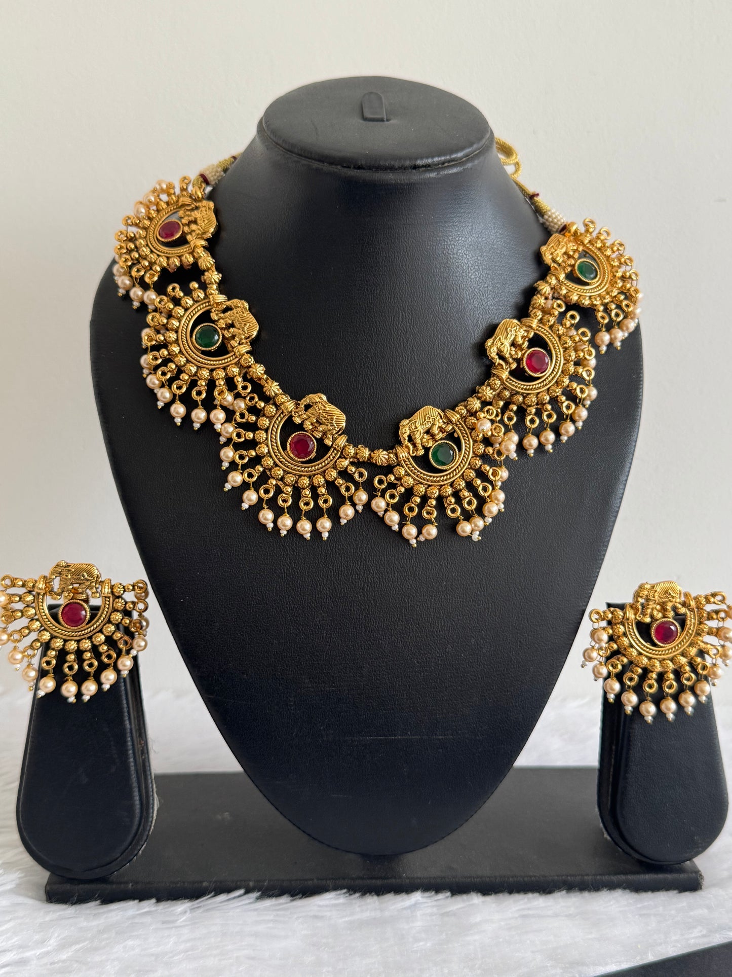 Antique gold pearl Elephant round ruby-green stone necklace set dj-52097