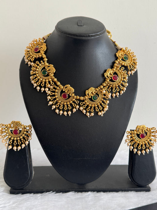 Antique gold pearl Elephant round ruby-green stone necklace set dj-52097