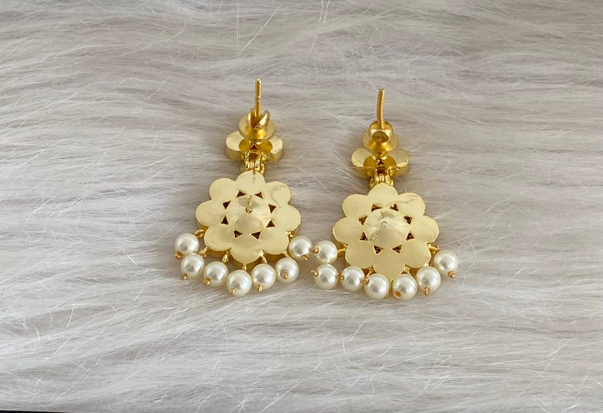 Gold tone AD dark blue stone pearl flower earrings dj-55138
