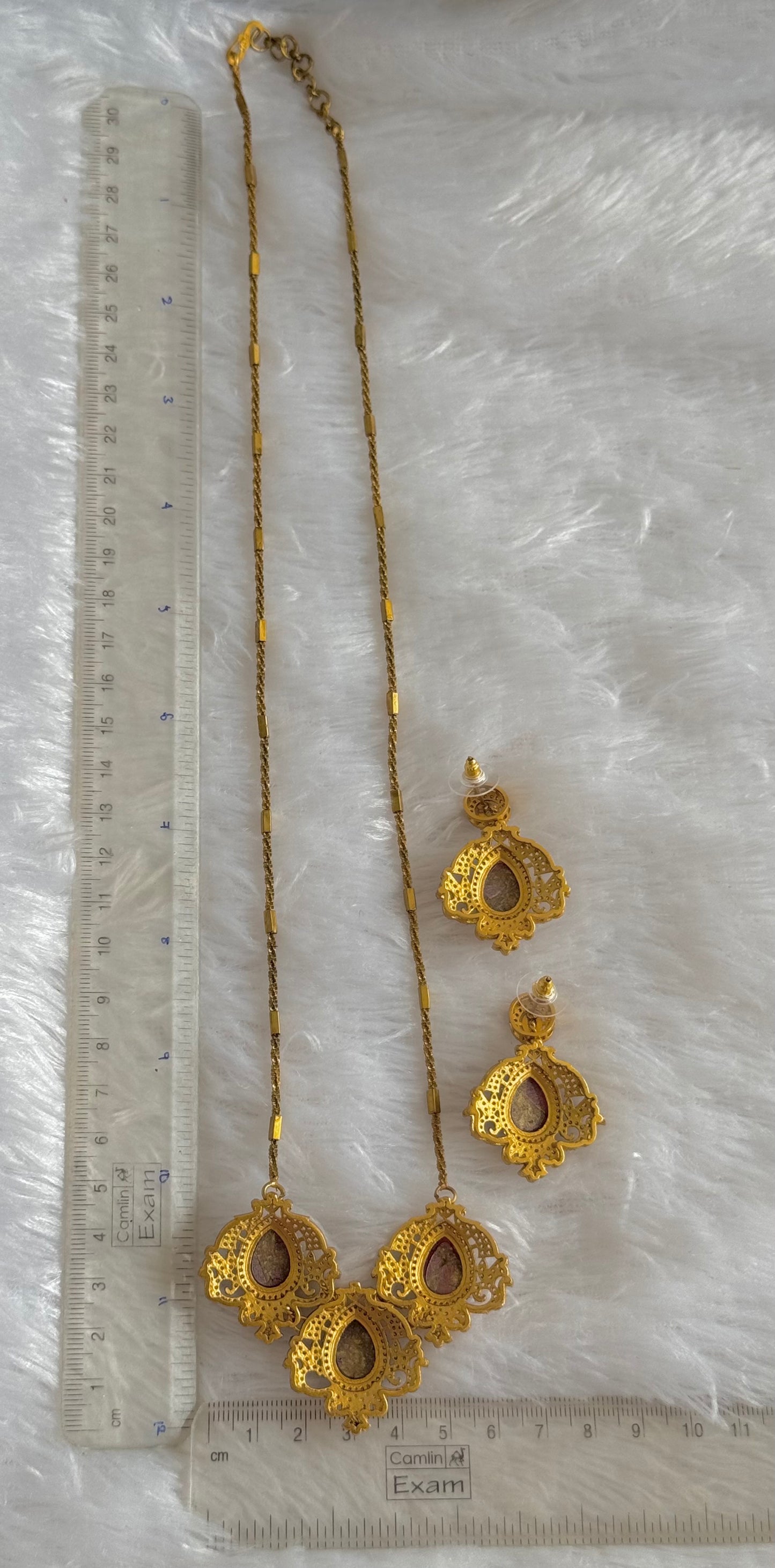 Antique gold tone peach brown-gold fire-stone long chain set dj-51097