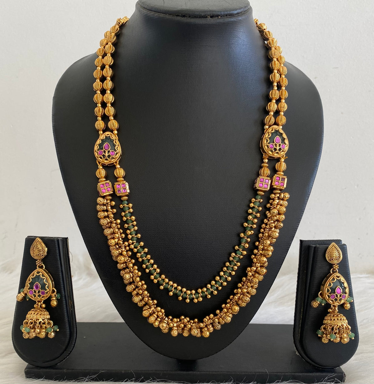 Antique gold tone pink-green stone beaded double layer necklace set dj-54767