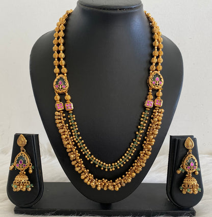 Antique gold tone pink-green stone beaded double layer necklace set dj-54767