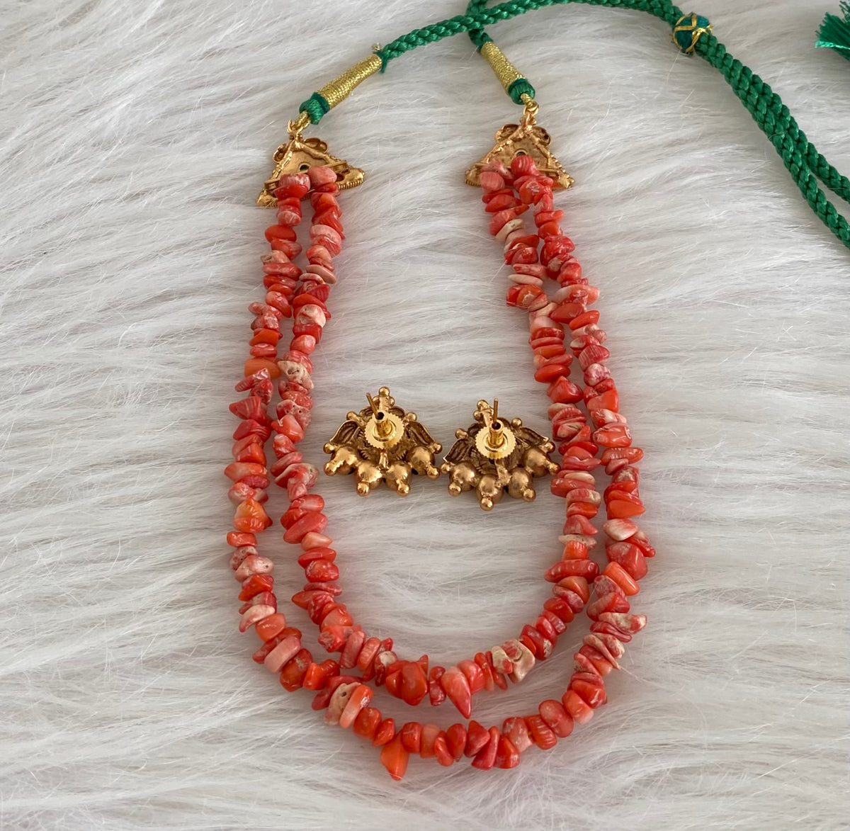 Antique gold tone coral beaded double layer necklace set dj-54967