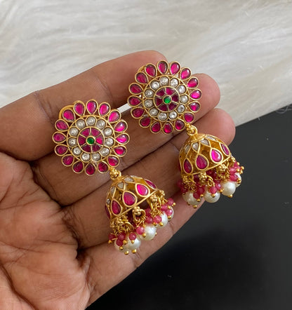 Gold tone kemp-green-white stone kundan jadau pearl jhumkka dj-54588