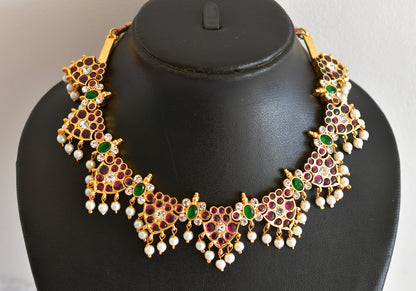 Gold tone precious kemp-green-white pearl necklace dj-52255