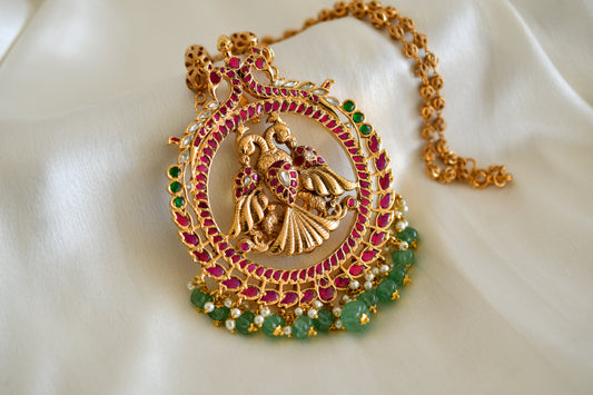 Gold tone pink-green kundan jadau big peacock necklace dj-52596